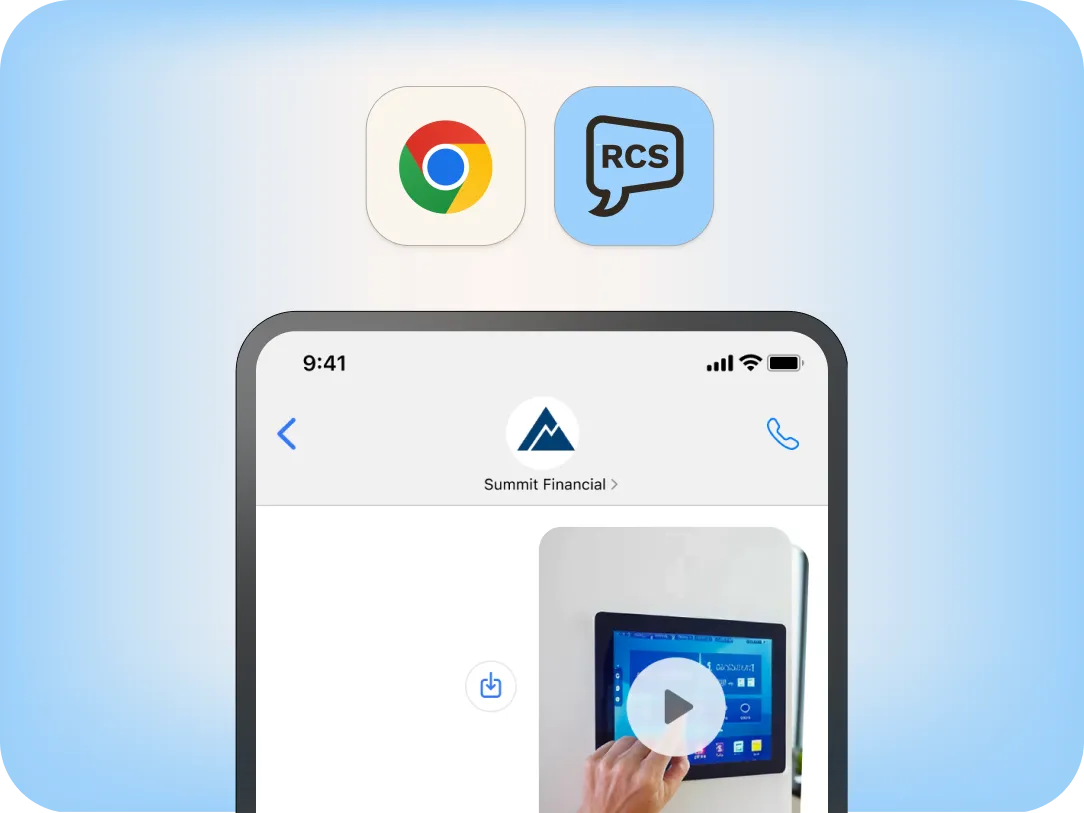 A smartphone screen shows a chat with a video thumbnail of a hand touching a touchscreen. Above the phone are Chrome and RCS app icons on a blue gradient background.