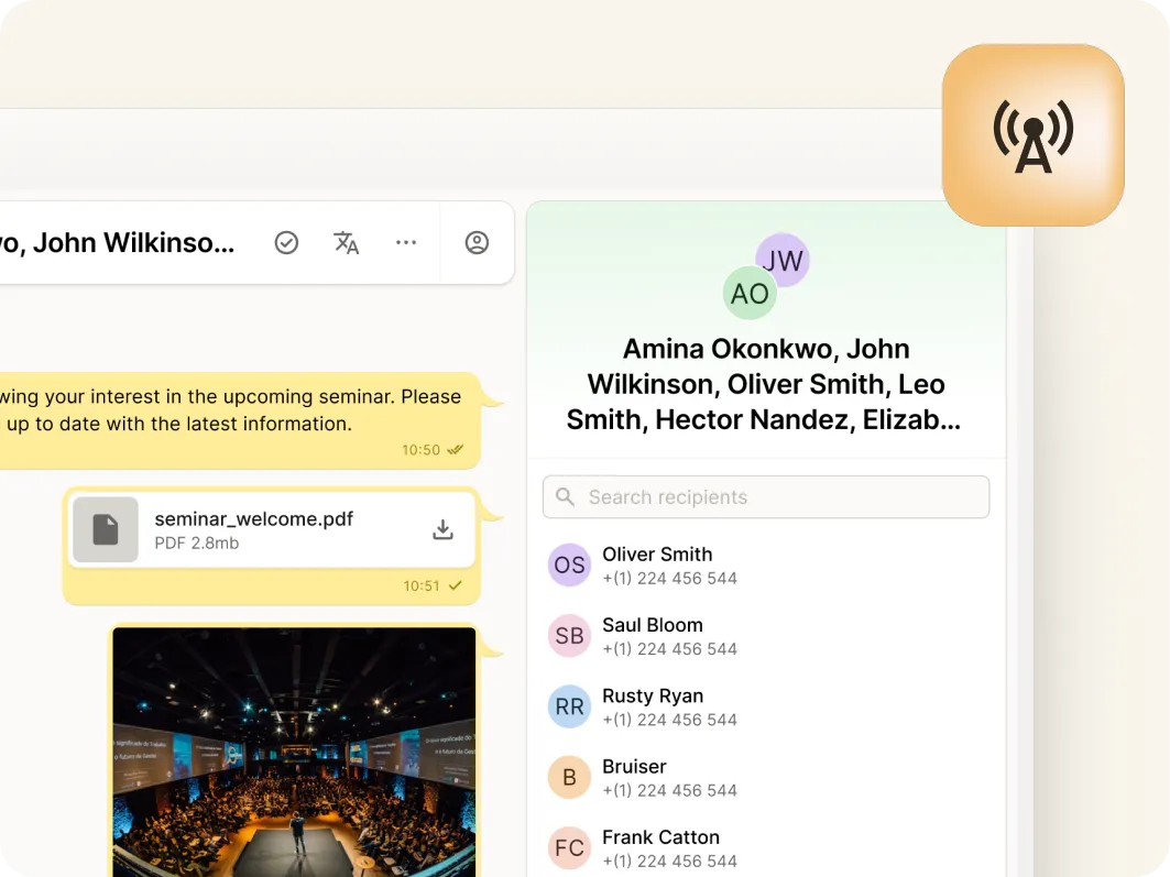 A computer screen shows an email interface with a message about an upcoming seminar, a PDF attachment, and a photo of a large audience in a theater. A list of recipient names appears on the right side.