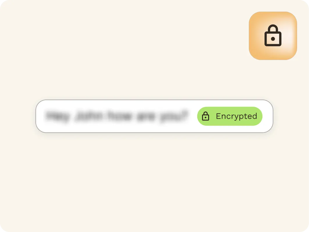 A blurred message with a green Encrypted label and a padlock icon, indicating the message content is secured. A larger padlock icon appears in the top right corner on a beige background.