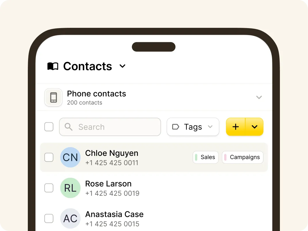 A smartphone screen displays a contacts list with names, phone numbers, tags, and Mobile Omnichannel Messaging labels. The top contact, Chloe Nguyen, is tagged with Sales and Campaigns. Two other contacts, Rose Larson and Anastasia Case, are also listed.