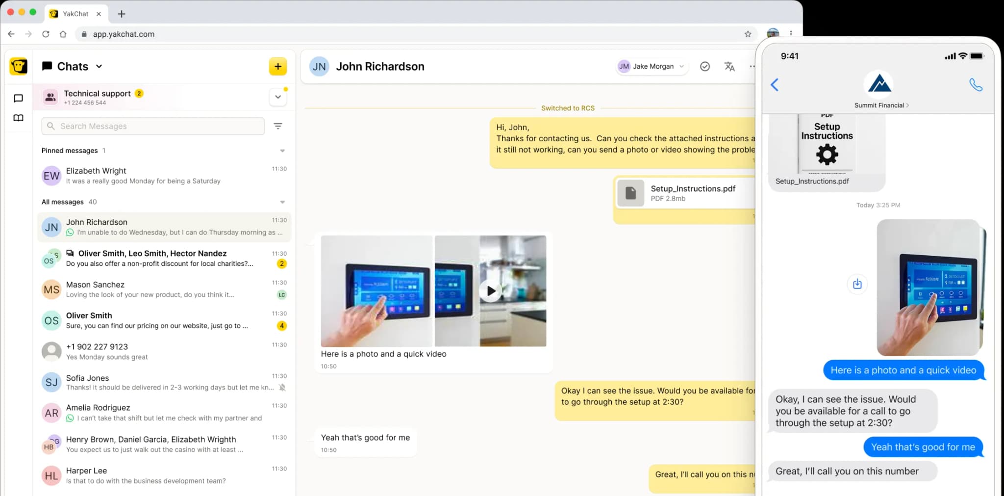Screenshot of a messaging platform showing a chat with John Richardson. The conversation includes text messages, a PDF attachment, and an image of a touchscreen device being used, with a video indicated as well.