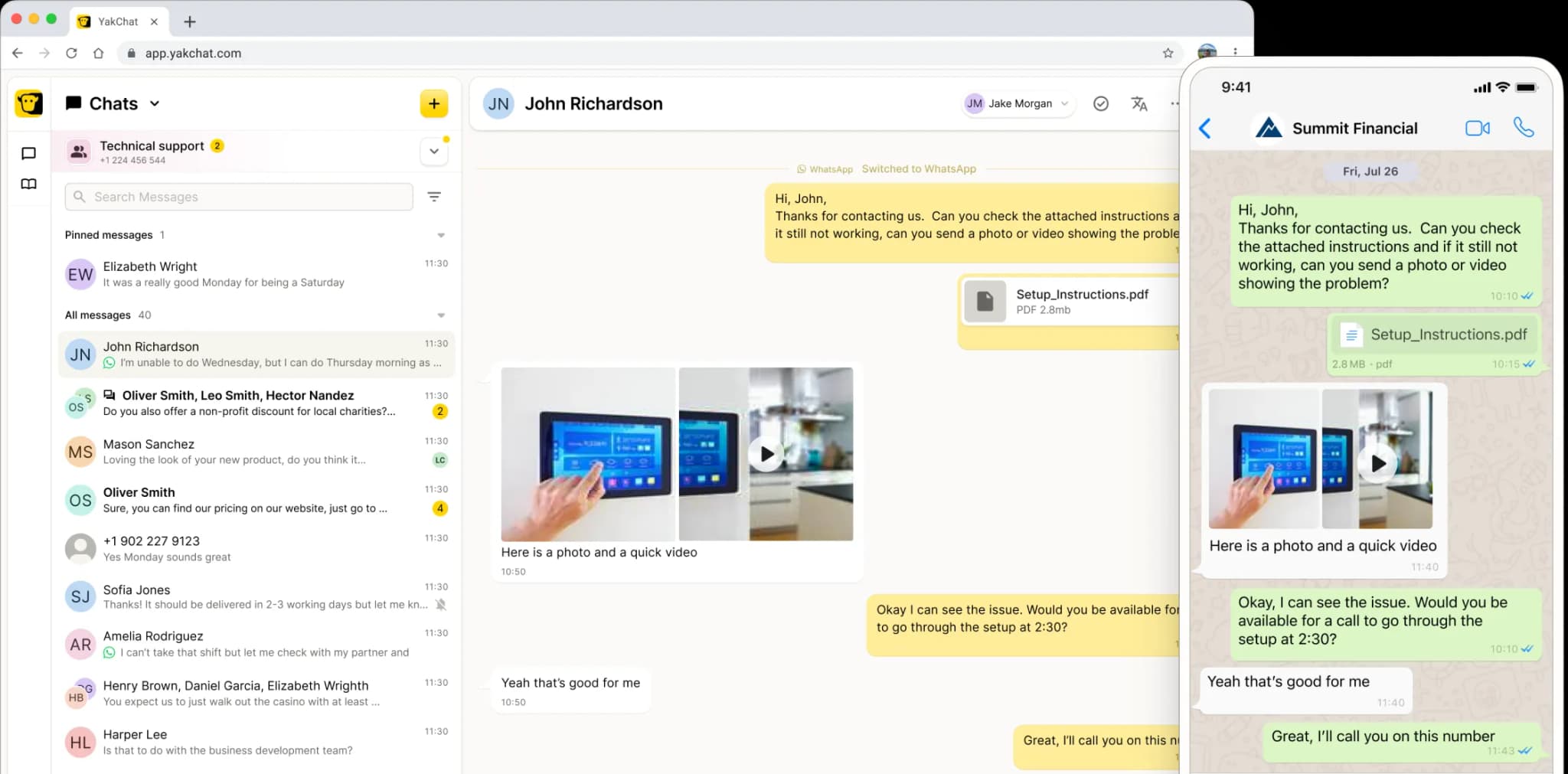 A computer screen shows a messaging app with a conversation about setup instructions, including a PDF and a photo of a smart thermostat touchscreen. A smartphone on the right displays a WhatsApp chat with similar setup instructions.