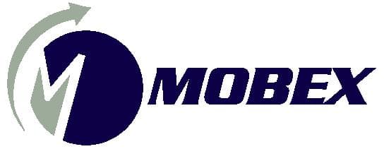 Logo for MOBEX featuring bold, stylized navy blue text and a circular graphic with a white M and an upward gray arrow encircling part of the circle.