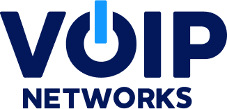 Logo with the word VOIP in bold blue letters, where the O has a vertical light blue bar at the top resembling a power button. Below, the word NETWORKS appears in smaller blue text.
