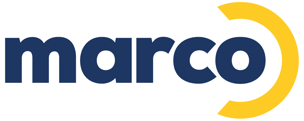 The word marco in bold, dark blue lowercase letters, with a thick yellow arc partially encircling the right side of the letter o.