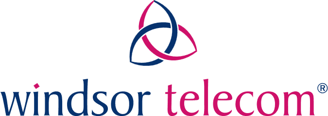Windsor Telecom logo featuring the company name in blue and pink lowercase letters, with a blue and pink interlocking triangular symbol above the text.