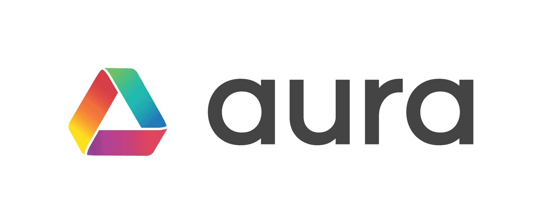 The image shows the word aura in bold, dark gray lowercase letters next to a colorful triangular logo with gradient shades of red, yellow, green, blue, and purple on a light background.