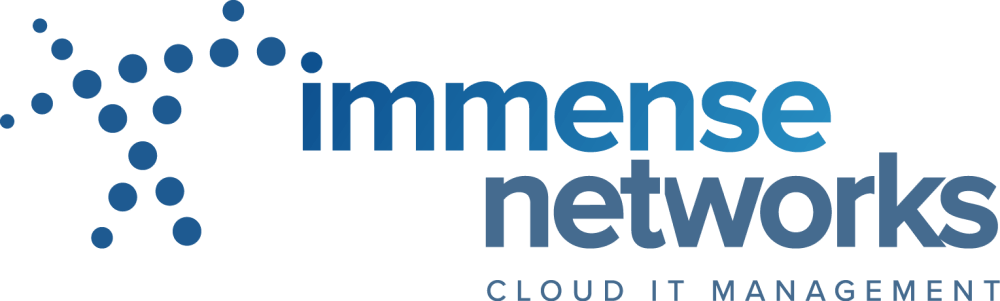 Logo for Immense Networks, featuring a cluster of blue dots forming a shape on the left and the text immense networks in bold blue letters. Below is the tagline Cloud IT Management in smaller blue text.