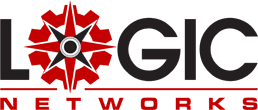 Logo for Logic Networks. The “O” in LOGIC is styled as a red gear with a black and white compass rose in the center. “NETWORKS” is written in red below the main text.