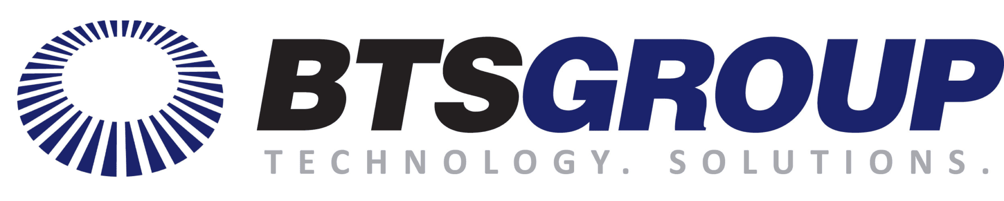 BTS Group logo featuring a circular, radiating blue design on the left and bold text BTSGROUP with TECHNOLOGY. SOLUTIONS. underneath.