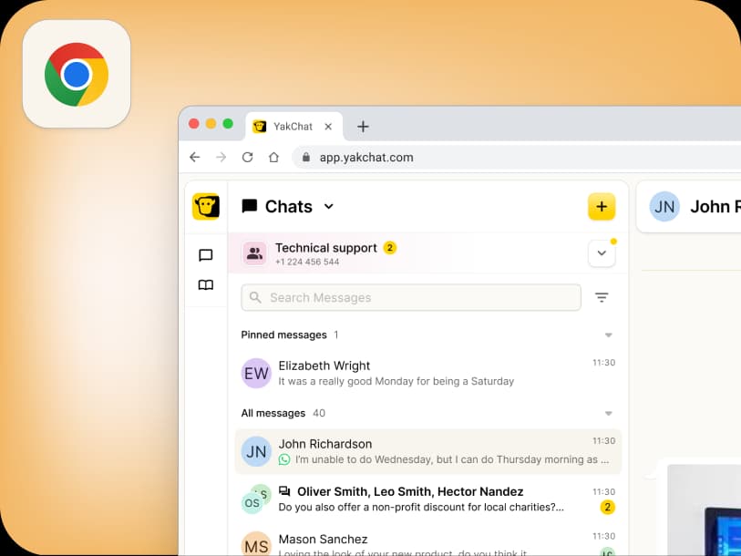 A web browser window displays the YakChat app with a list of chat conversations. The Chrome logo appears in the top left corner on a yellow gradient background.