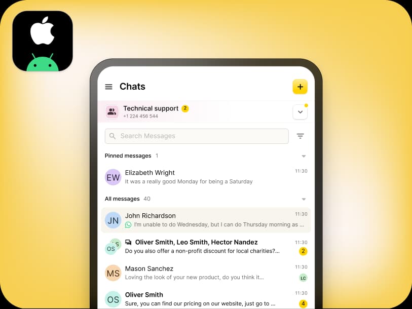 A smartphone screen shows a chat app with conversations. Technical support is pinned. The app has both Apple and Android icons in the corner. The background is yellow with rounded edges.