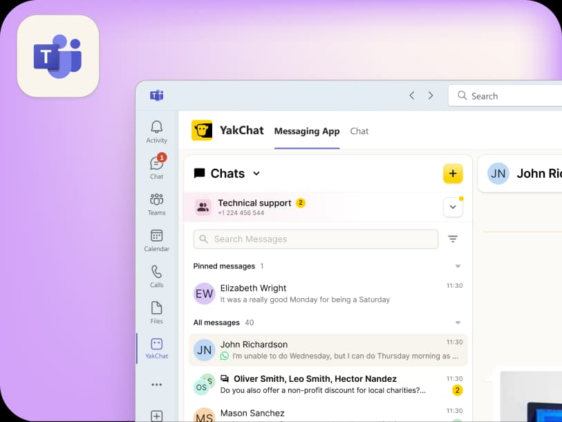 Screenshot of a chat window in the YakChat Messaging App within Microsoft Teams, displaying messages and contacts on the interface, with the Teams logo on a purple gradient background.