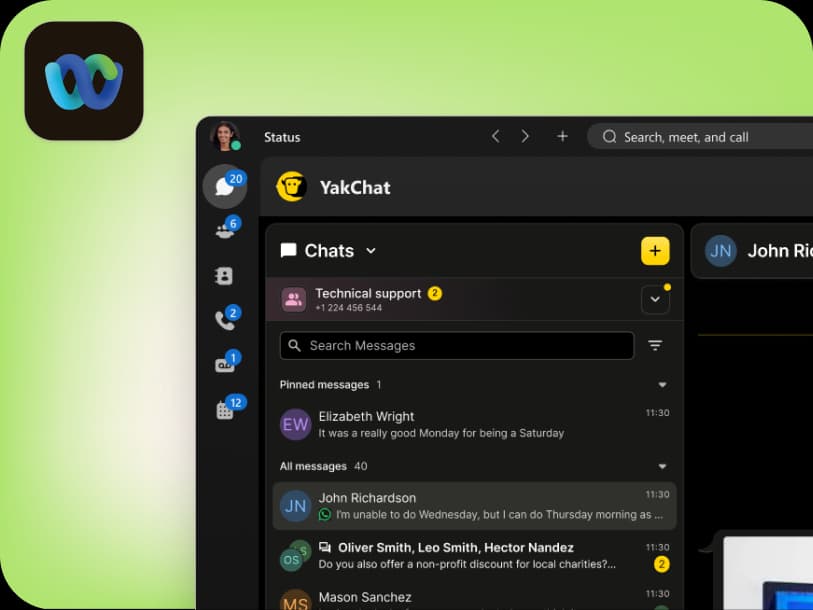 A screenshot of a dark-themed chat app called YakChat is shown on a green background. The app sidebar displays message notifications and user icons. The interface shows ongoing chats and search functionality.