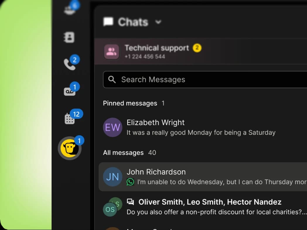 A messaging app’s chat list shows technical support and user conversations. Notifications are visible on the left sidebar with icons for messages and emails, and part of a green background is on the left.