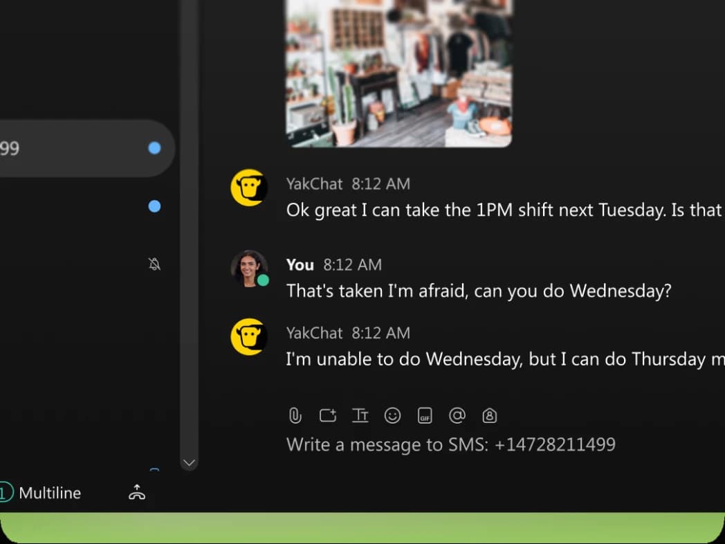 A chat window shows a conversation about work shifts. One person confirms they can work Tuesday at 1 PM, but it’s already taken. Another offers to work Thursday instead. An SMS input box is visible below the chat.