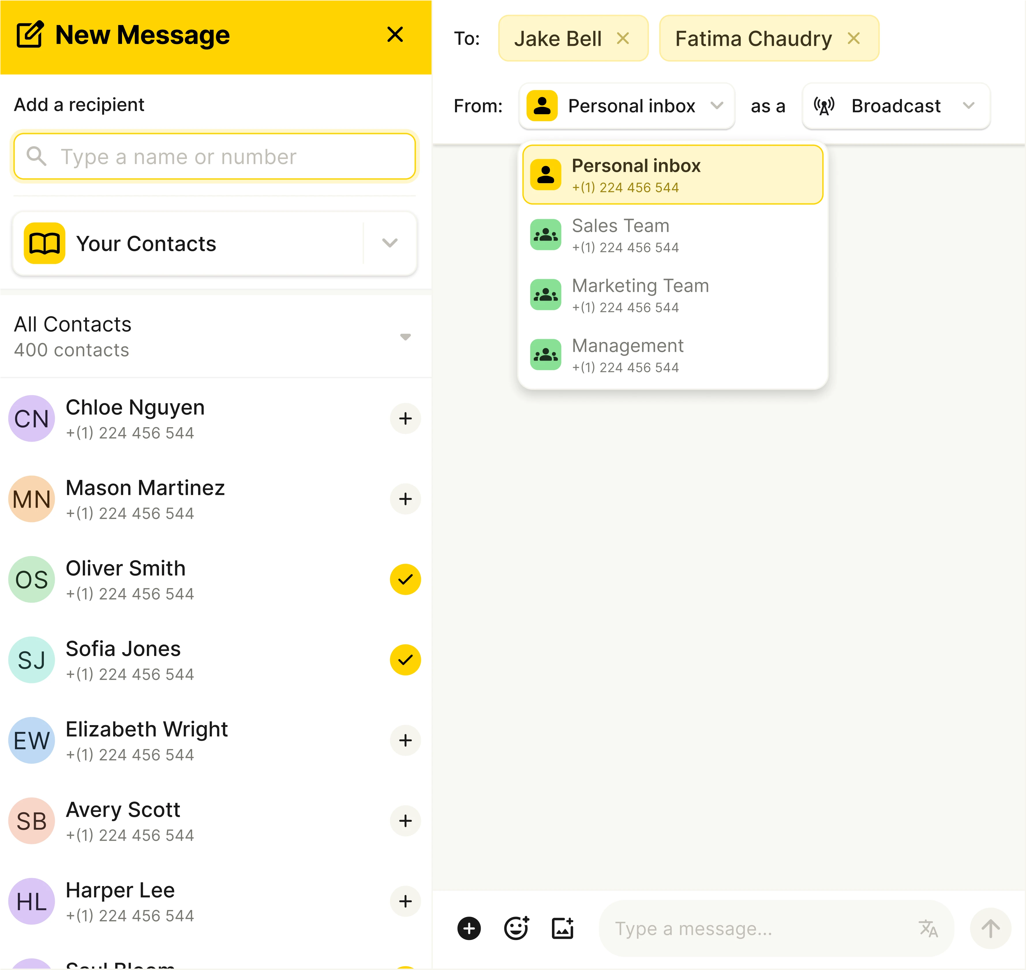 Screenshot of app creating a new message and choosing an inbox