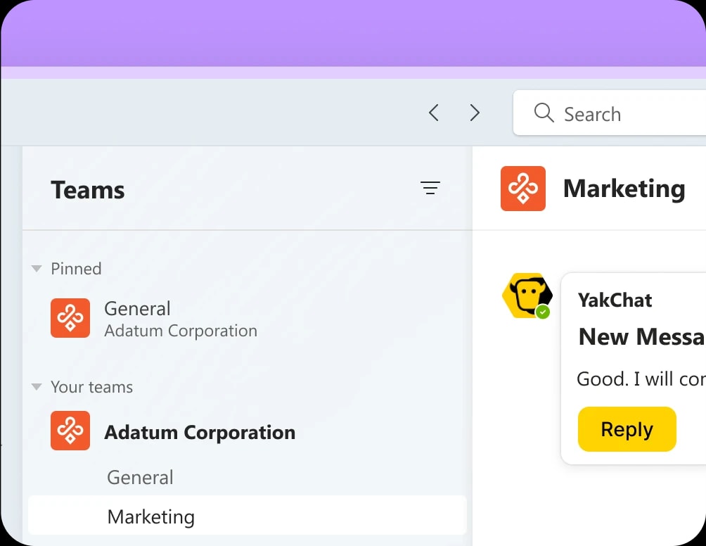 YakChat alerts inside a Teams Channel