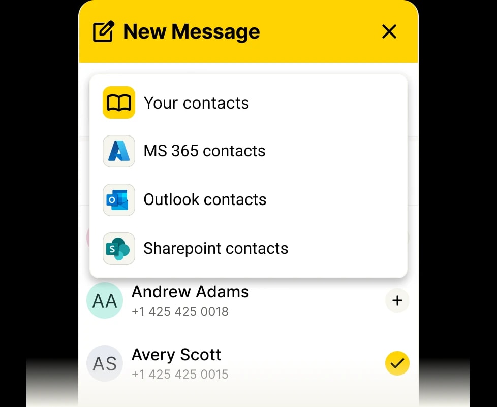 Send messages to contacts from any of your contact books