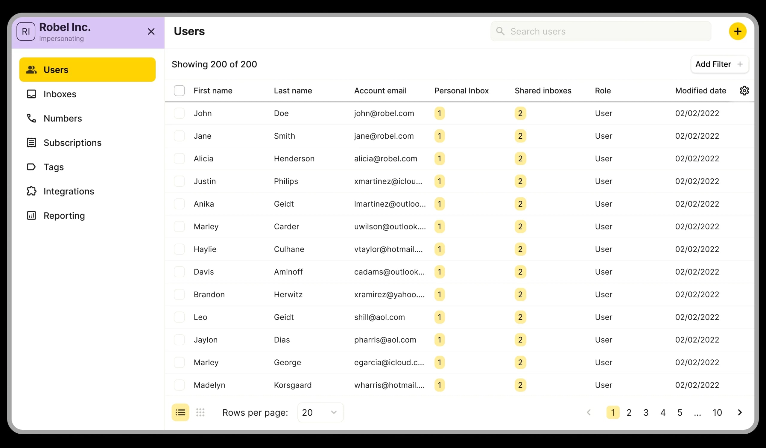 Admin portal users screen