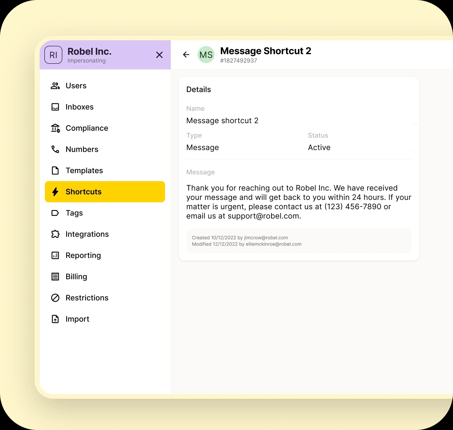 Shortcut settings in the admin portal