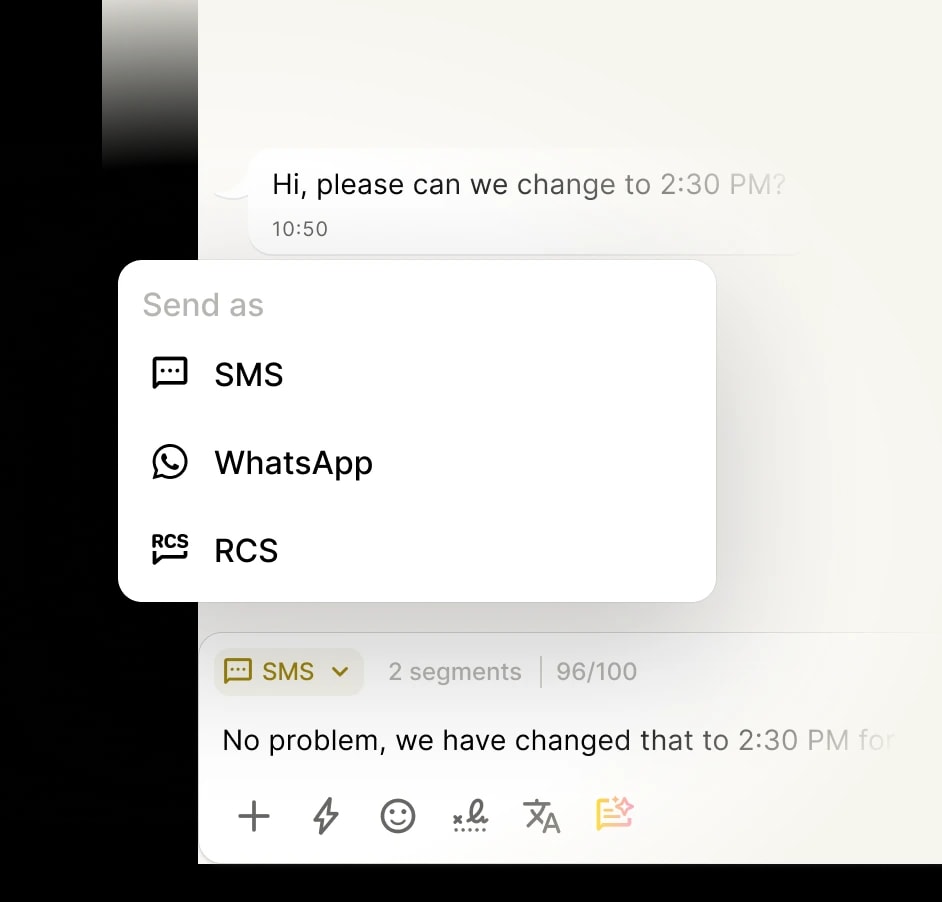 Image of Menu showing different channels to send messages from