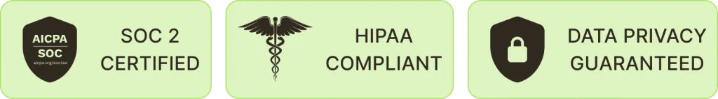 Badges for SOC 2 accreditation, HIPAA compliancy and guaranteed data privacy
