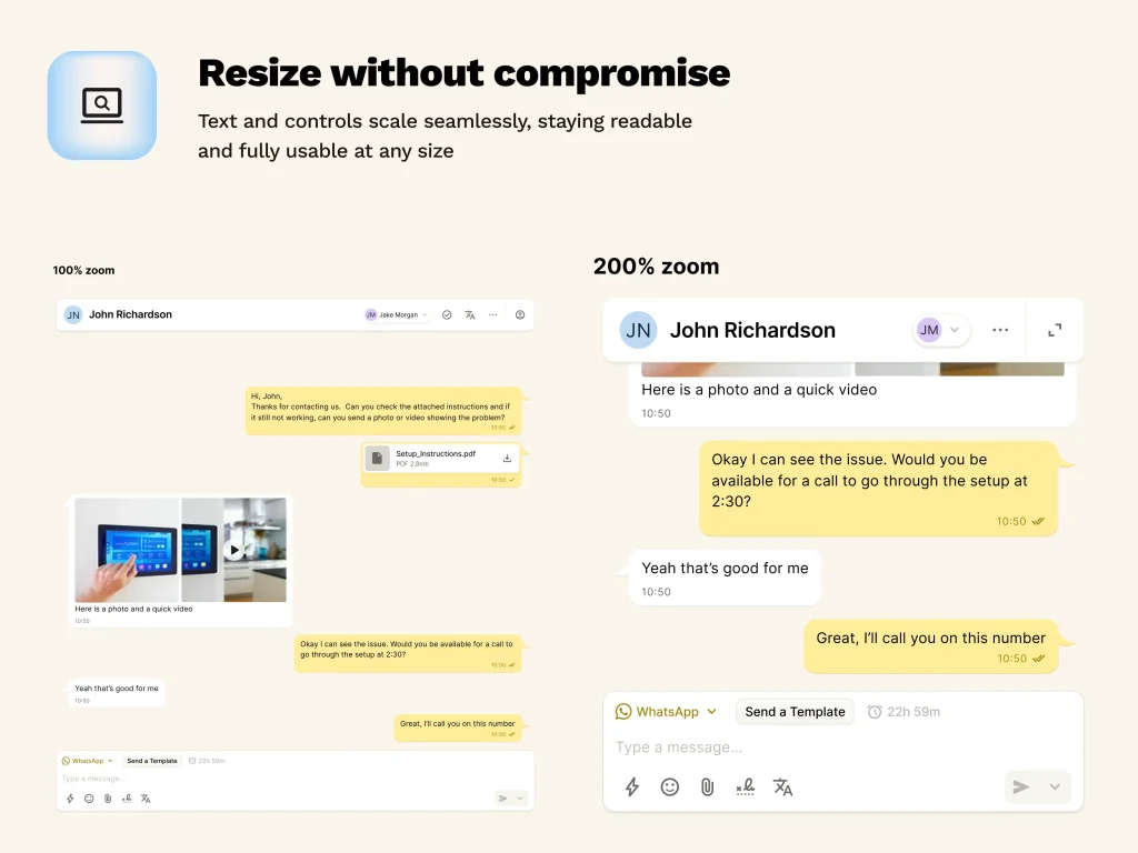 A comparison of a messaging interface at 100% and 200% zoom, demonstrating WCAG 2.1 messaging compliance. The left side shows a user sharing images; the right displays a clean, readable chat at larger zoom.