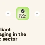 Three icons with text: ADA TITLE II equals WCAG 2.1 AA plus a government building icon. Below, bold text reads: Compliant messaging in the public sector—what is WCAG 2.1 Level AA? Discover its role in accessibility standards.