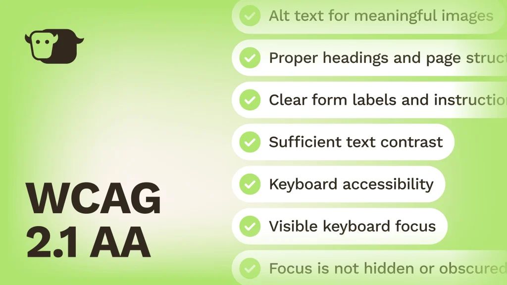 A green and white graphic lists web accessibility tips: alt text for images, proper headings, clear labels, sufficient contrast, keyboard access, visible focus, and unfocused elements are not hidden. WCAG 2.1 AA messaging compliance is bold on the left.