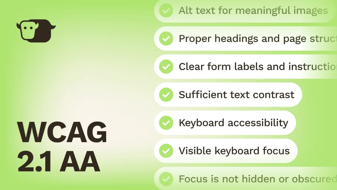 A green and white graphic lists web accessibility tips: alt text for images, proper headings, clear labels, sufficient contrast, keyboard access, visible focus, and unfocused elements are not hidden. WCAG 2.1 AA messaging compliance is bold on the left.
