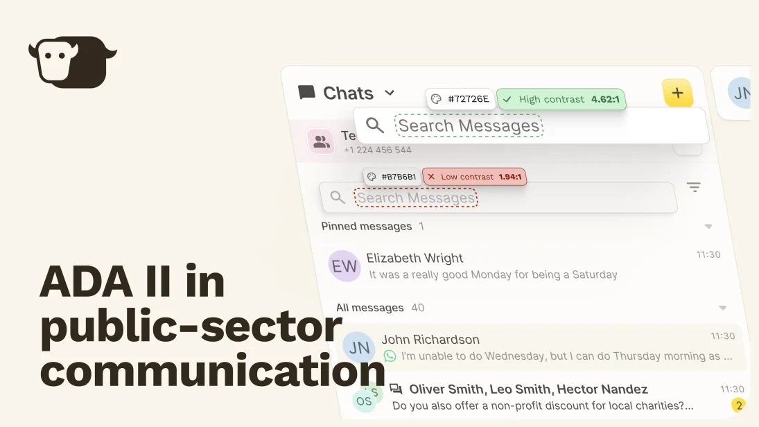 A chat app interface displays accessibility features like high and low contrast color indicators, highlighting ADA in public-sector communication on the left side—a WCAG 2.1 Level AA messaging platform.