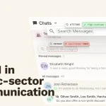 A chat app interface displays accessibility features like high and low contrast color indicators, highlighting ADA in public-sector communication on the left side—a WCAG 2.1 Level AA messaging platform.