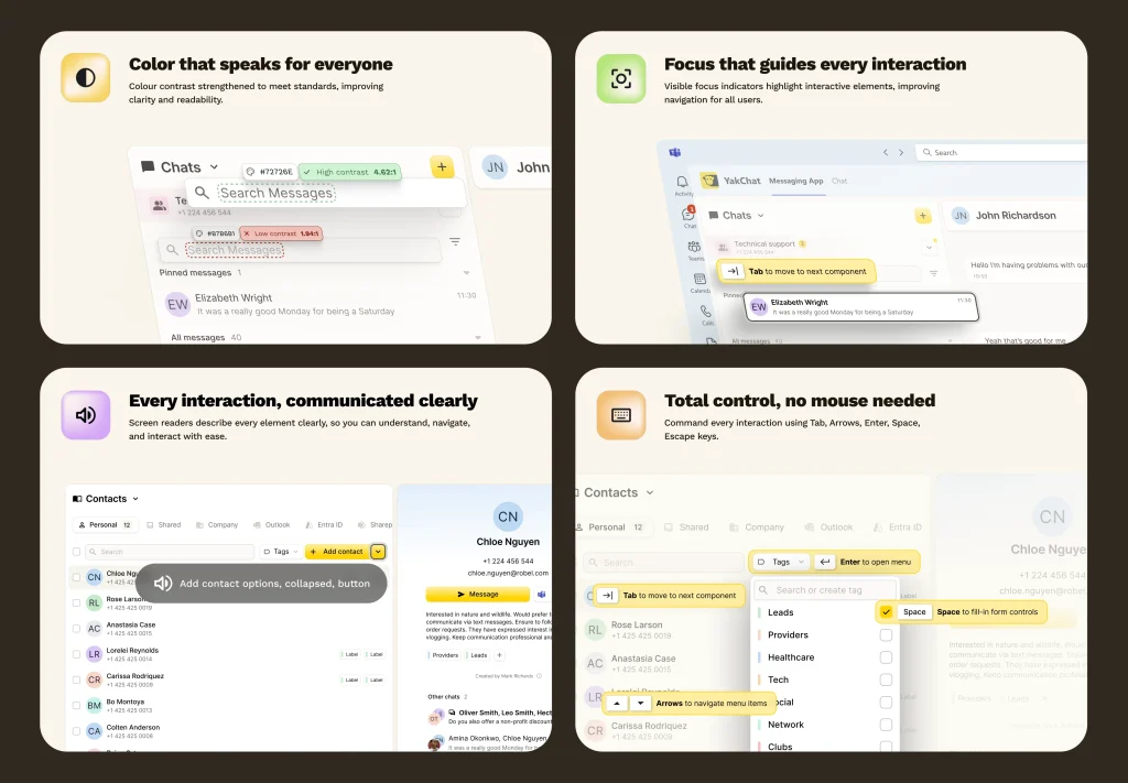 A collage of four UI screenshots displays chat and contact management features, each highlighting WCAG 2.1 messaging compliance through color contrast, interaction focus, clear communication, and keyboard navigation, with colored labels and annotations for accessibility.