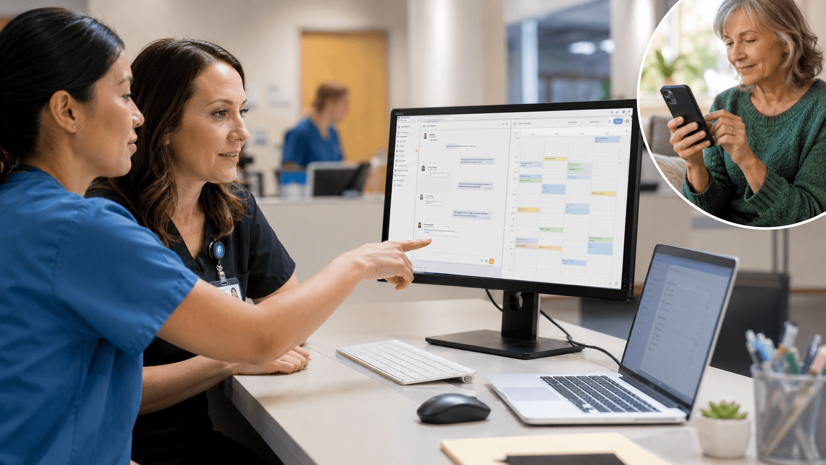 Shared patient messaging inbox showing conversation history, ownership, and appointment coordination across a healthcare team