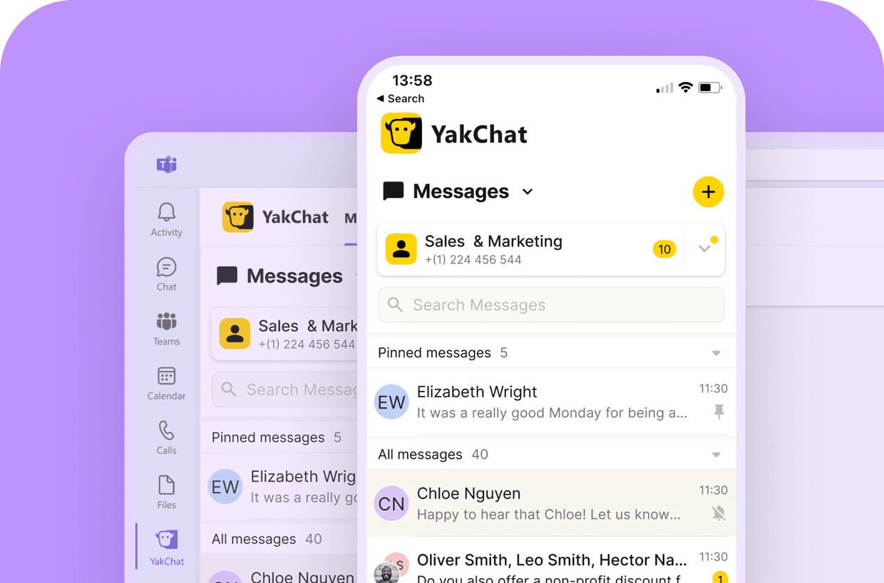 A smartphone displays the YakChat messaging app with unread messages in the Sales & Marketing chat, highlighting its All about Microsoft Teams SMS integration. The background shows a blurred interface with similar chats and message previews.