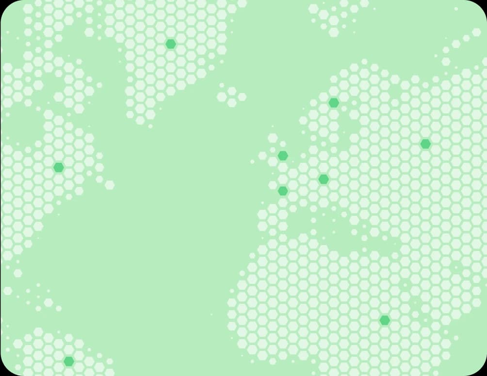A light green map of Europe and the North Atlantic, overlaid with a white hexagonal grid and several dark green dots marking various locations—perfect for illustrating WhatsApp in Teams and Webex integration points across the region.
