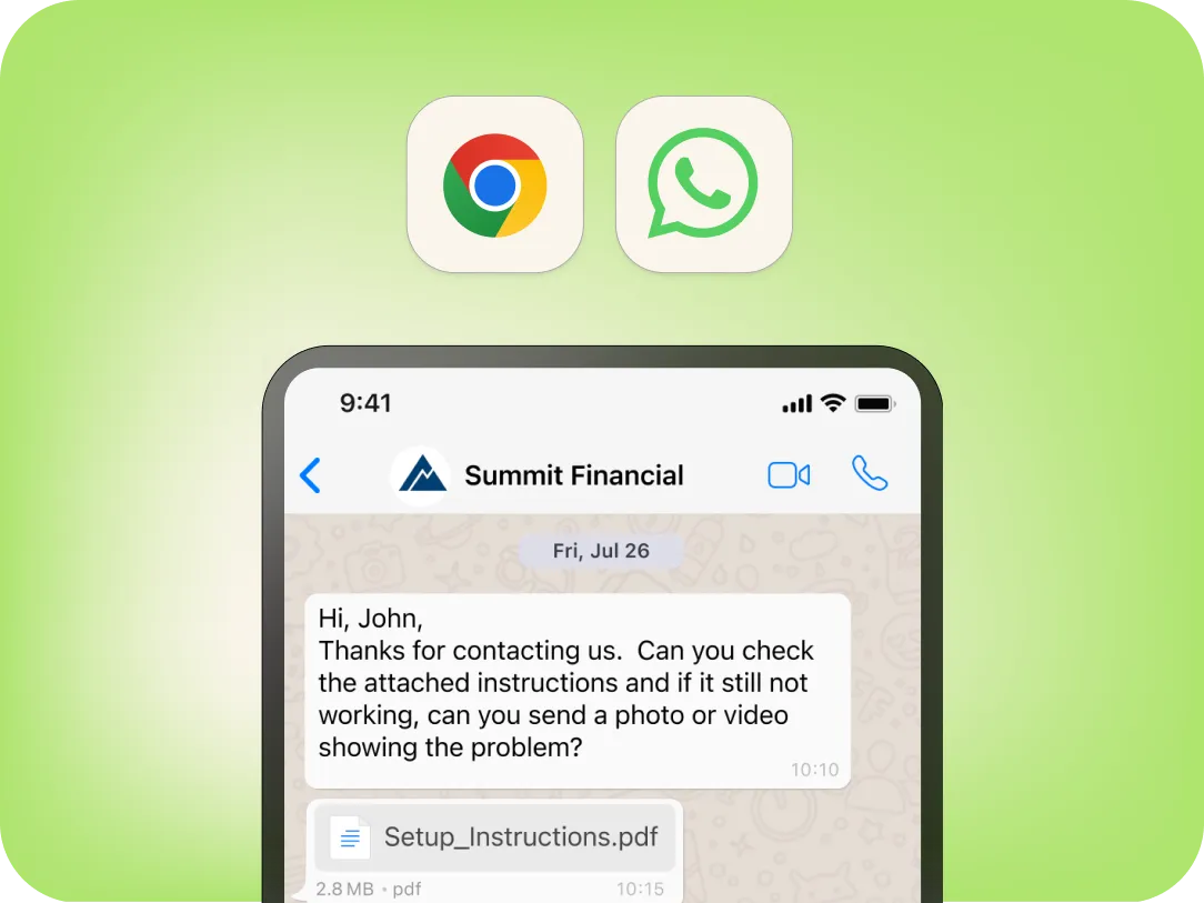 A smartphone screen displays a WhatsApp chat with Summit Financial, showing a message about checking attached instructions and a PDF file. Chrome and WhatsApp app icons are above the phone on a green background.