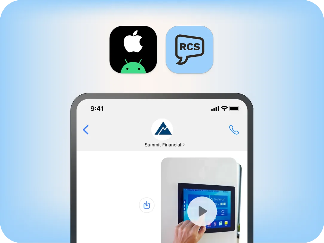 A smartphone screen shows a messaging app with a video thumbnail, while Apple, Android, and RCS icons appear above, highlighting Mobile Omnichannel Messaging for seamless cross-platform communication.
