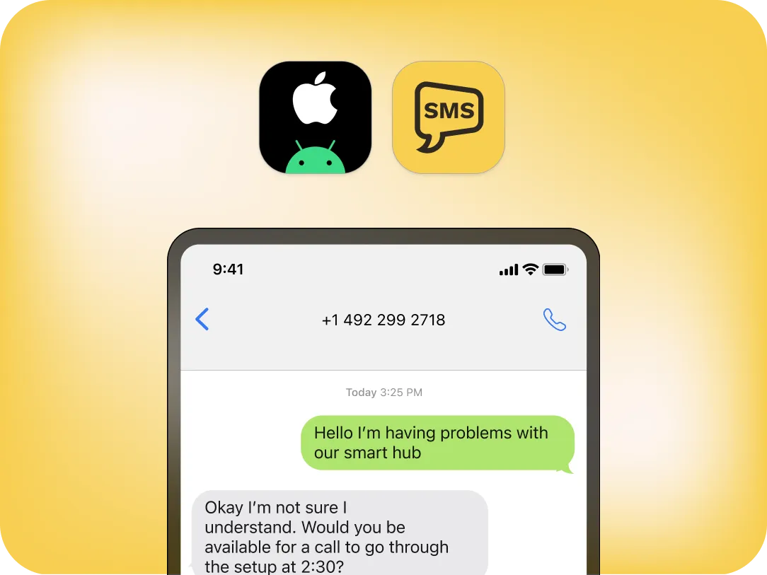 A smartphone screen shows a text conversation about smart hub issues. Above the screen are Apple, Android, and SMS icons on a yellow background, highlighting Mobile Omnichannel Messaging options.