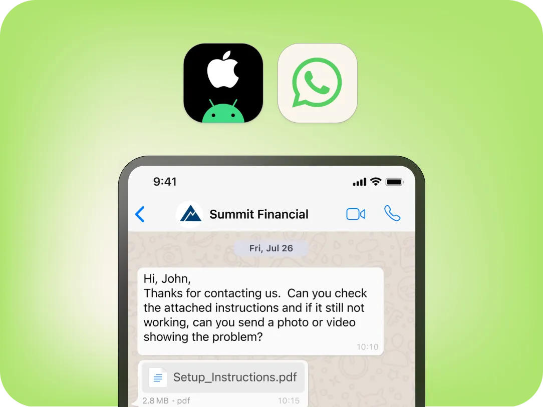 A smartphone screen displays a WhatsApp chat with Summit Financial, highlighting Mobile Omnichannel Messaging with a message and PDF attachment. Above the phone, Apple, Android, and WhatsApp icons appear on a green gradient background.