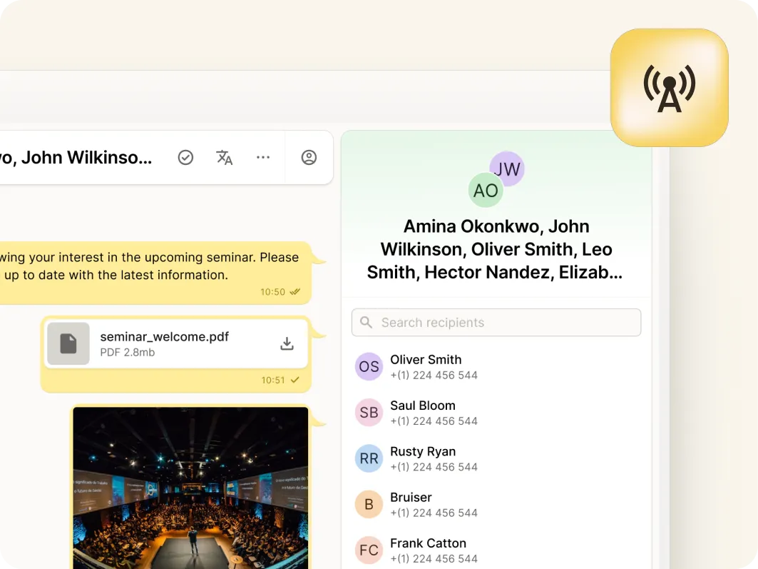 A Mobile Omnichannel Messaging app interface shows a conversation about an upcoming seminar, with a PDF attachment and a photo of a large audience in an auditorium. The recipients list appears on the right, alongside a WiFi icon in the corner.