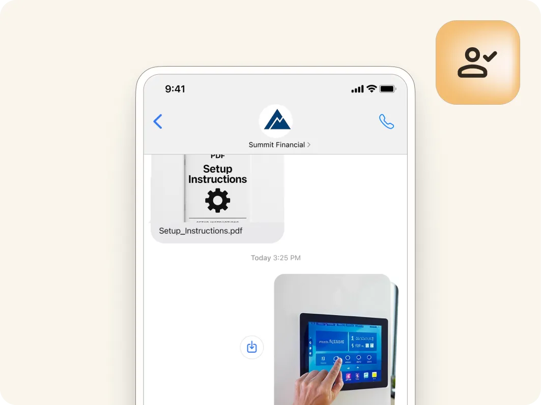 A smartphone screen shows a chat with an attachment labeled Setup_Instructions.pdf and an image of a hand touching a blue digital control panel. An icon of a person is in the top right corner.