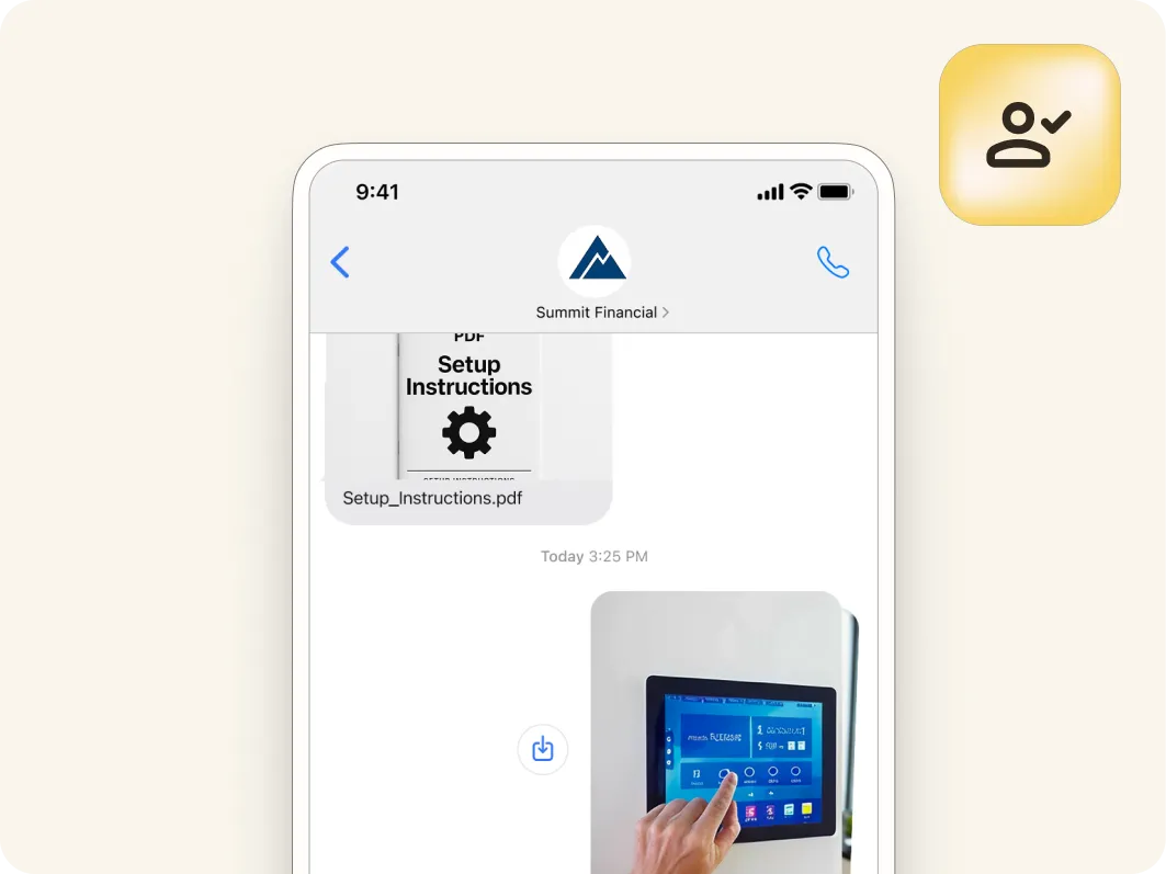 A smartphone screen shows a chat with a PDF titled Setup Instructions and an image of a hand touching a digital control panel, highlighting Mobile Omnichannel Messaging. An icon with a person symbol appears in the upper right corner.