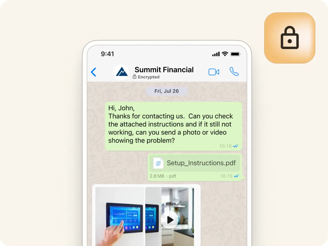 A smartphone screen shows a chat from Summit Financial requesting the user to check attached setup instructions and send a photo or video if an issue persists. A PDF and a video thumbnail of a control panel are visible in the chat.