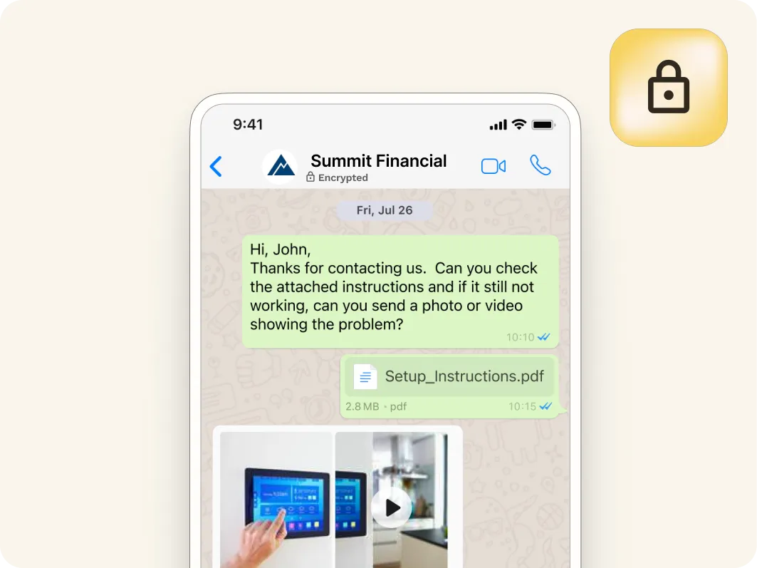A smartphone screen displays a secure Mobile Omnichannel Messaging app with a conversation from Summit Financial, asking John to check attached instructions and send a photo or video of a problem. A PDF and a control panel video thumbnail are visible.