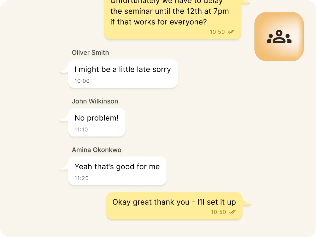 Screenshot of a group chat discussing rescheduling a seminar. Oliver apologizes for being late, John and Amina confirm the new time works, and another user thanks them and will set it up. An icon of a group is shown in the top right corner.