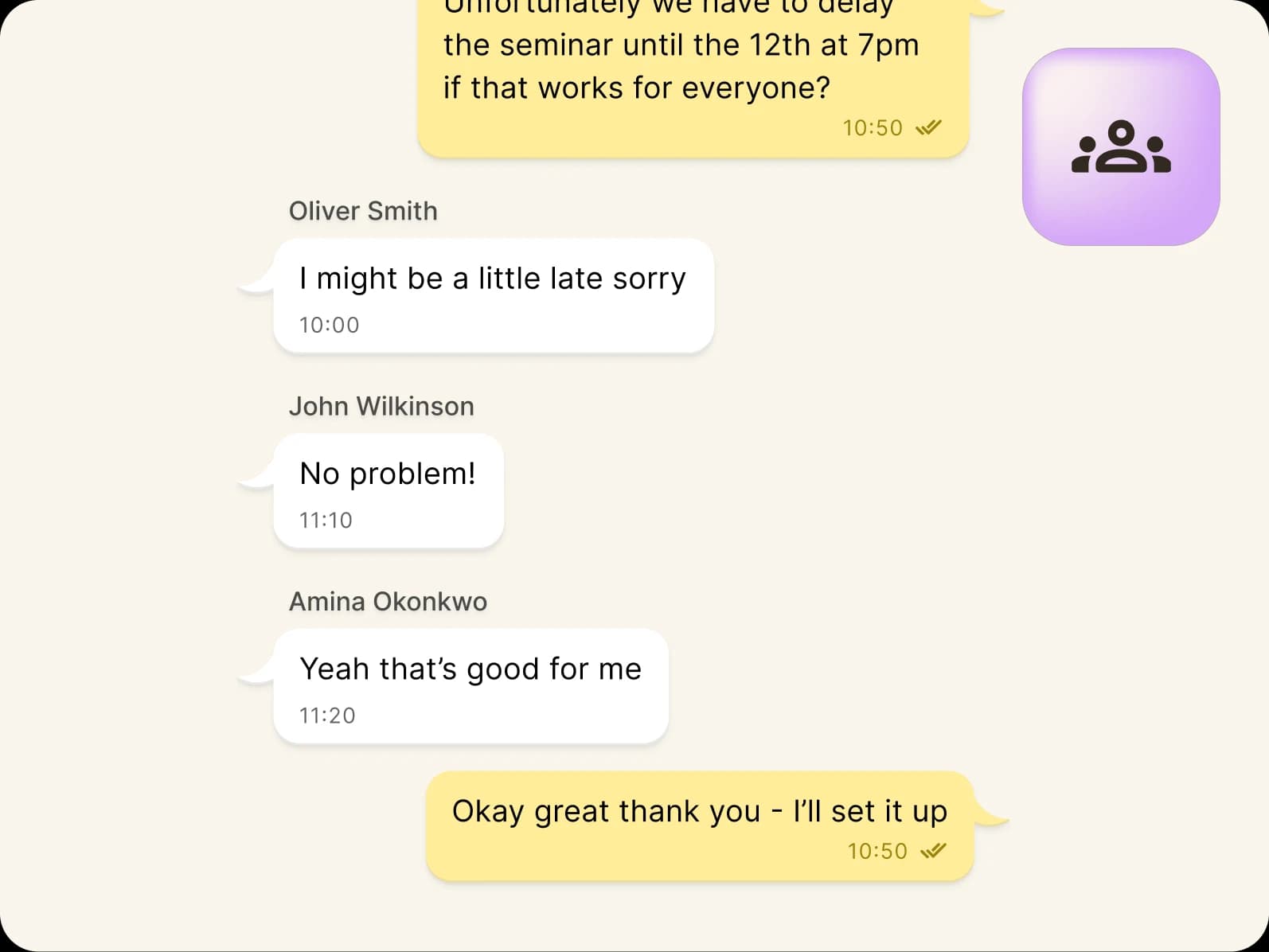 A group chat shows four participants coordinating a seminar, with messages about rescheduling to the 12th at 7pm. Participants confirm if the new time works, and one apologizes for being late. A group icon is visible in the corner.