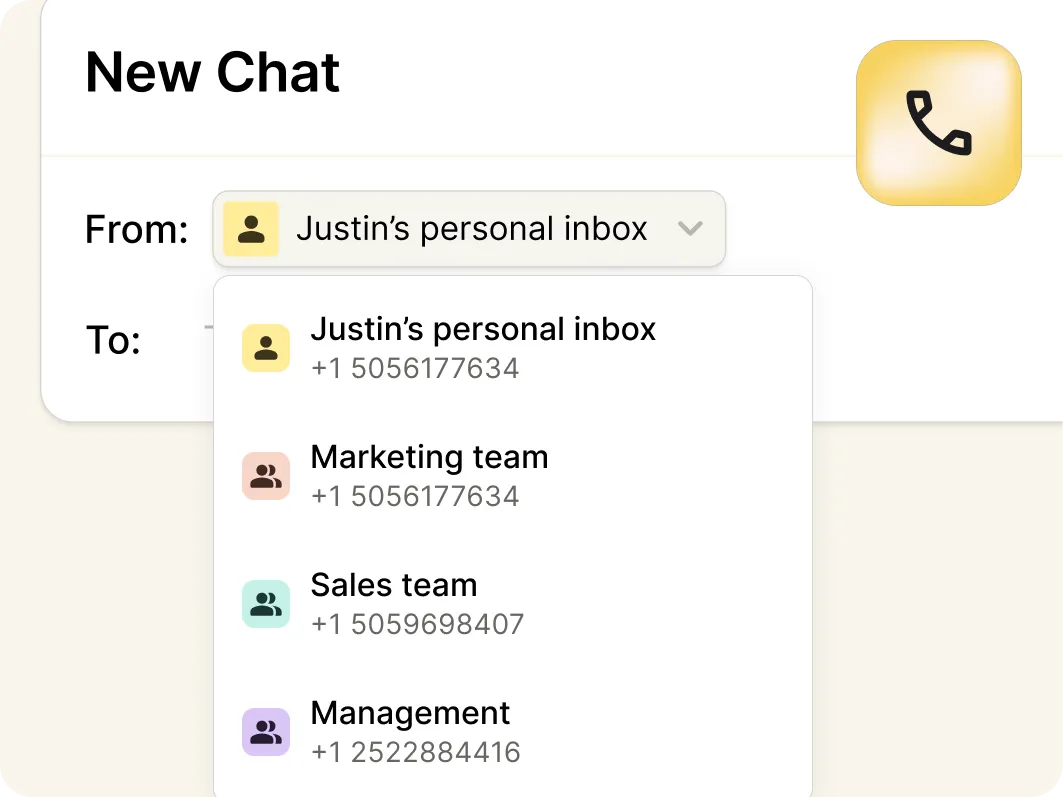 A Mobile Omnichannel Messaging interface showing a dropdown menu to select the sender: Justin’s personal inbox, Marketing team, Sales team, or Management—each with a unique phone number and colored icon.