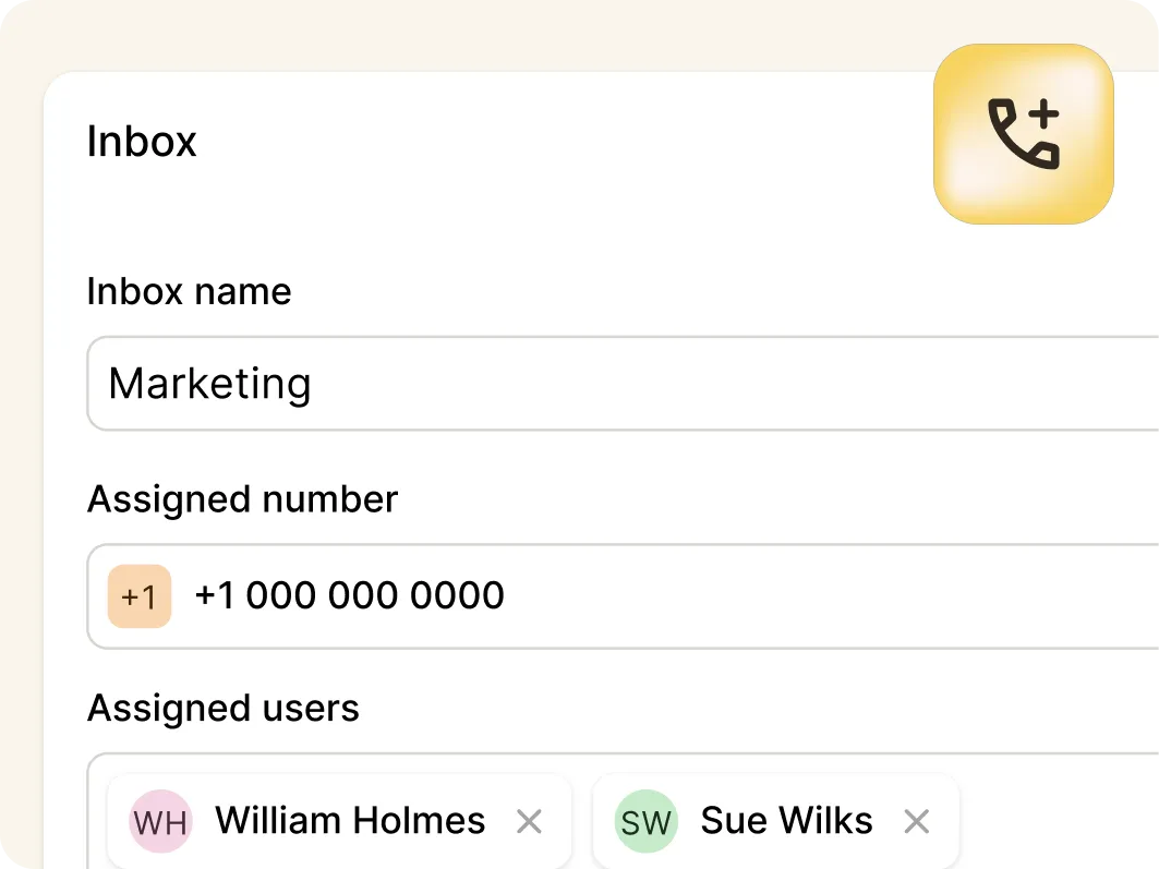 Screenshot of an inbox settings page for Marketing, featuring Mobile Omnichannel Messaging, assigned number +1 000 000 0000, users William Holmes and Sue Wilks, and a yellow phone icon in the top right corner.